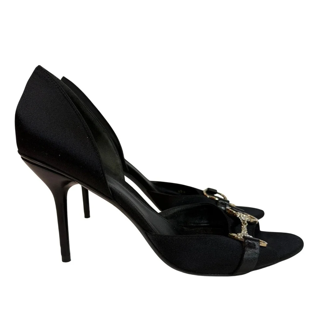 Gucci Black Satin Horsebit Crystal D'Orsay Open Toe Heels 9.5B Made in Italy